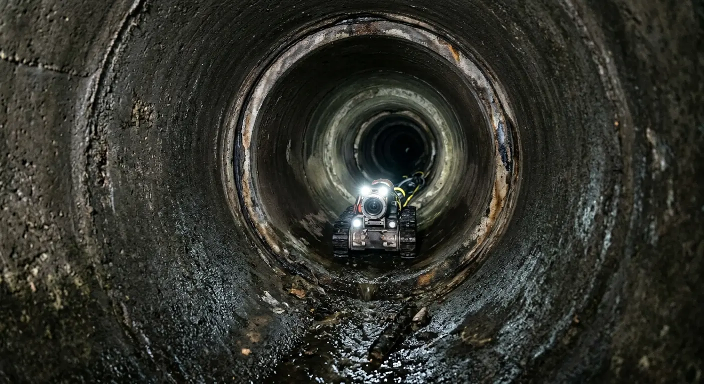 Robotic sewer camera inspecting pipe interior for Sewer Line Cleaning in College