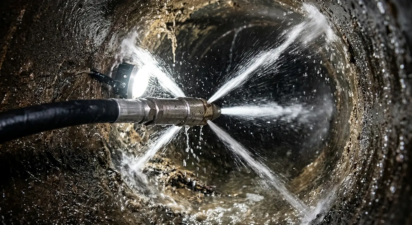 High-pressure hydro jetting nozzle cleaning sewer pipe for Emergency Drain Service in College
