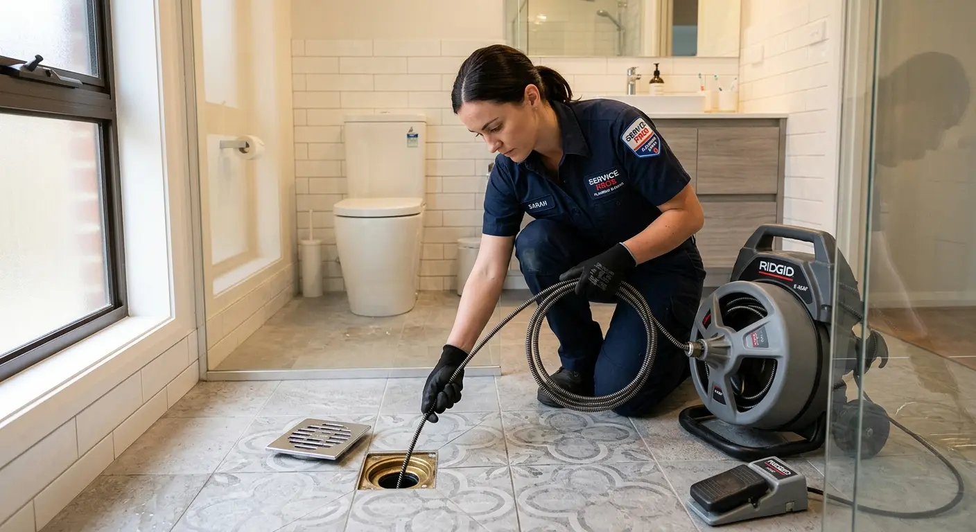 Technician clearing a bathroom floor drain for Drain Repair in College